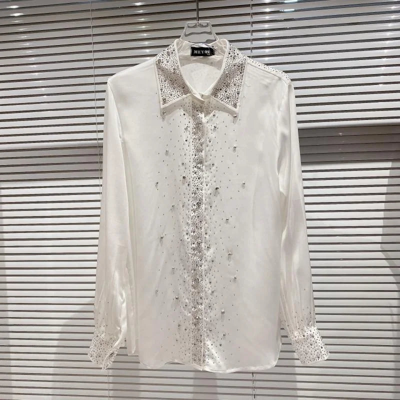 OUDINA New Style Starry Rhinestones Hot Diamond Long Sleeve Blouse Cotton Custom Polo Shirt Shirts for Women