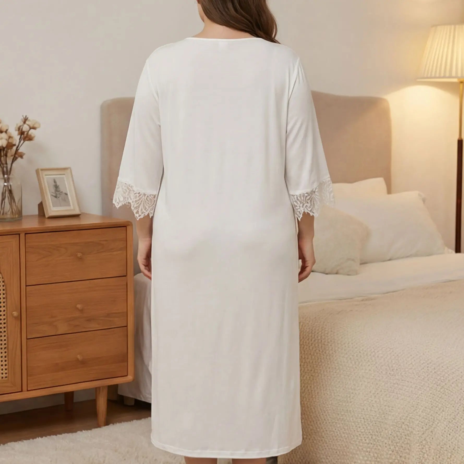 Cross-border European and American plus-size solid color lace mid-sleeve nightgown, loose-fitting home long dress, sexy and simp