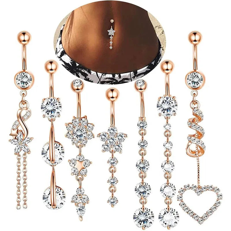 7Pcs/Set 14G Dangle Belly Button Rings for Women Girls 316L Surgical Steel Silver Plated Wedding Navel Ring Body Piercing