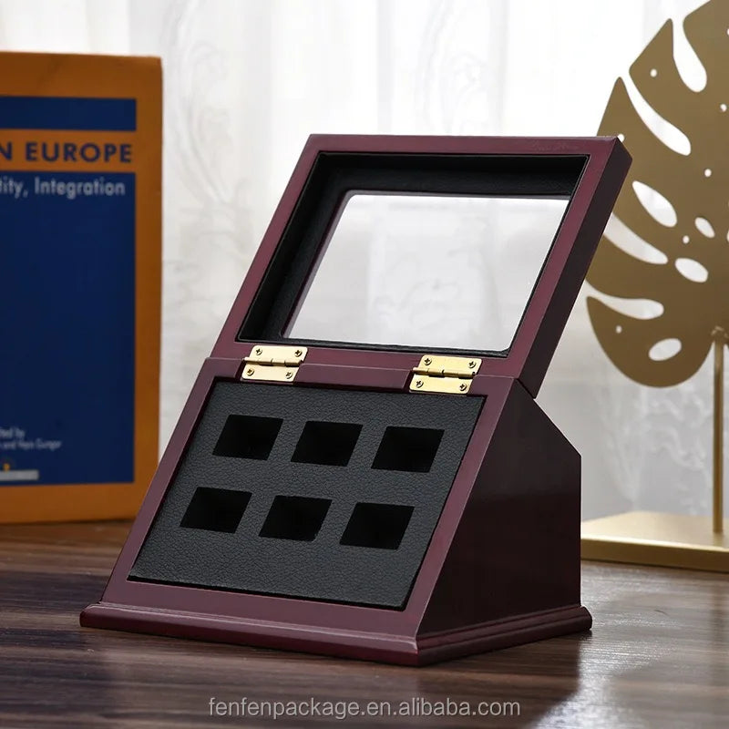 Wooden Trapezoid Display Case for Championship Rings Angled Multi-Slot Organizer for Basketball, Football Game Souvenir Rings