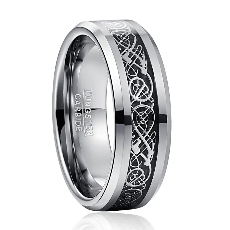 Wholesale 8mm Width Chamfer Natural Color Inlaid Dragon Pattern Black Fiber Men's Tungsten Rings Jewelry Gift
