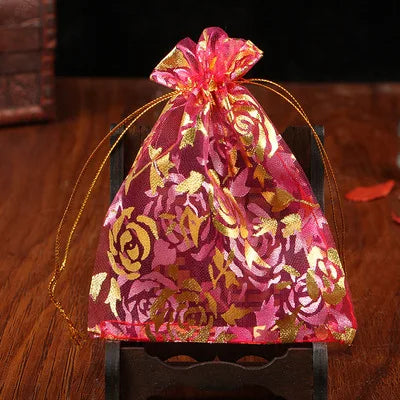 100pcs/lot 7x9 9x12 11x16 13x18cm Printing Roses Love Christmas Organza Bags Drawstring Gift Bag Charm Jewelry Packaging Bags
