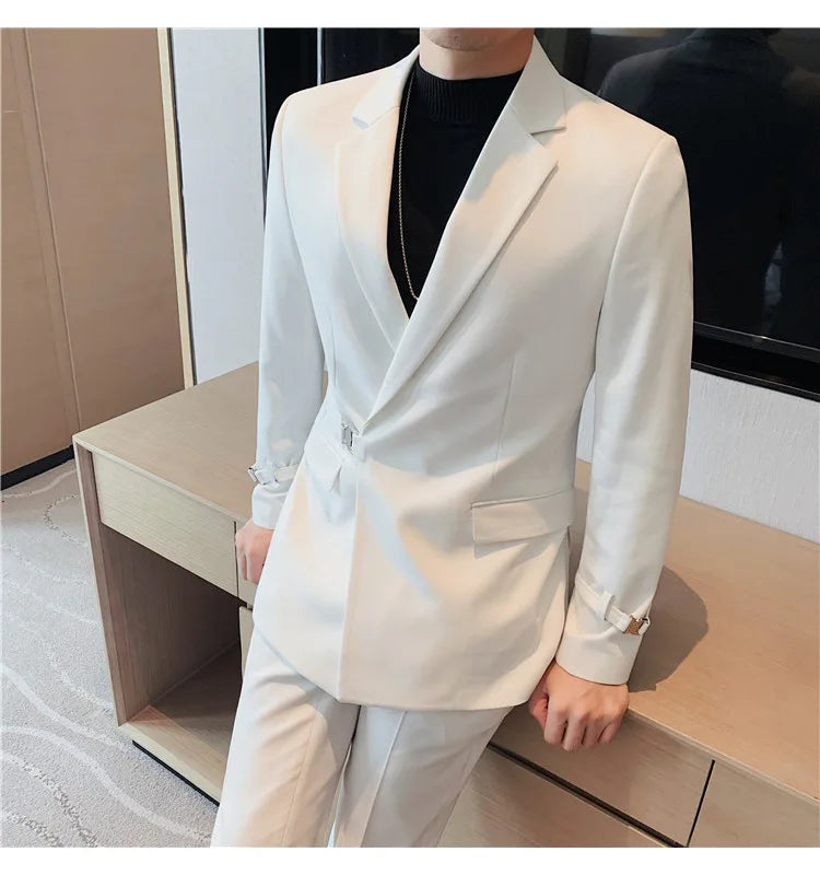 XS-5XL Men's Autumn and Winter Personalized Buckle Design Suit Fashion Business Casual Suit Set Two Piece