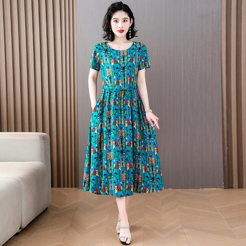 Women Floral Printed Summer Dresses O-neck Short Sleeve Fashion Printing Women's Simple Flower A-line Casual Dress