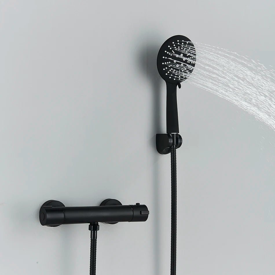Thermostatic Shower Set Black/Chrome Brass Wall Mounted Bathroom Shower Thermostat Mixer Valve Handle Spray Bathroom Accessories