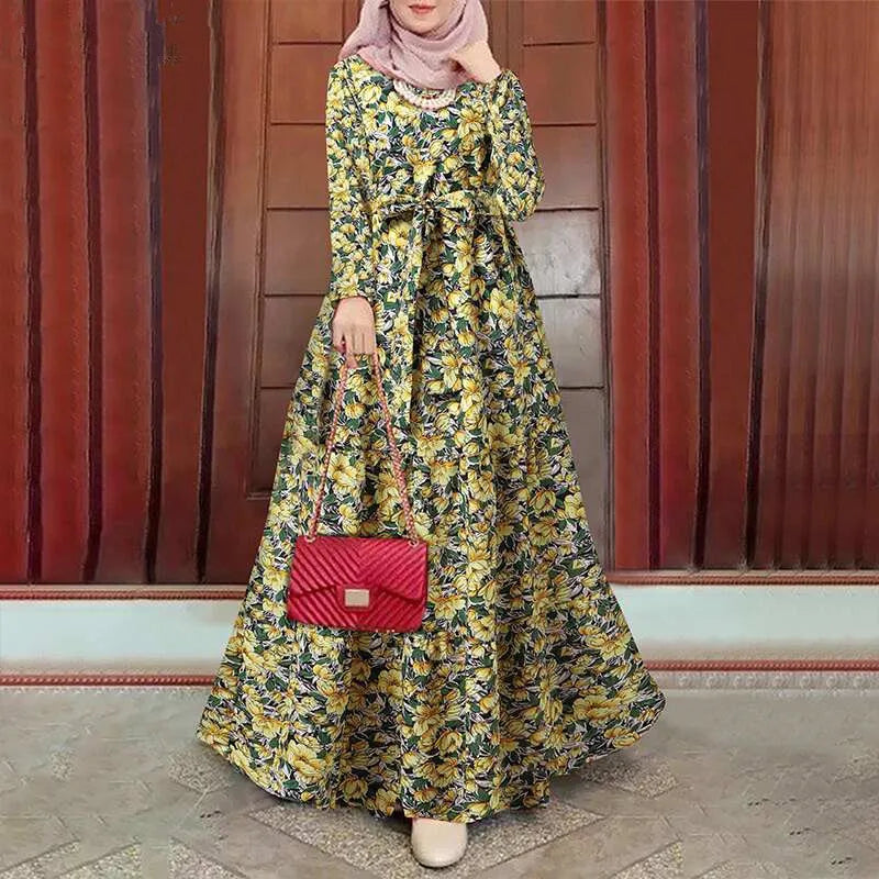 New Cross-Border Vintage Muslim Summer Dress Printed Sun Skirt Long-Sleeved Maxi Robe with Belt Polyester Flared Hem