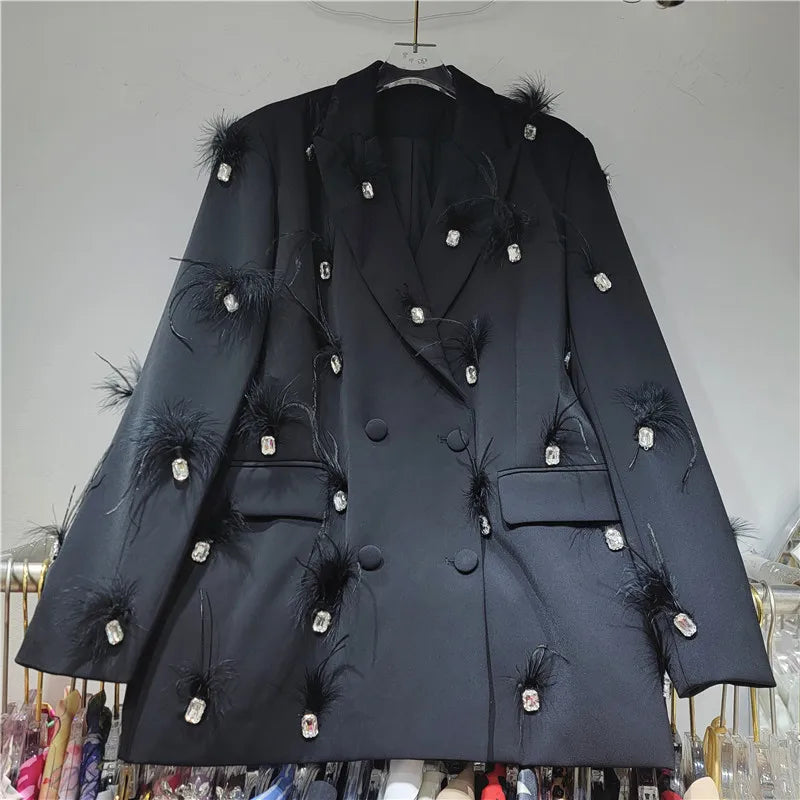 Boutique Wholesale 2026 Autumn New Fashionable French Design Water Diamond Splicing Feather Double Breasted Loose Women's Suit