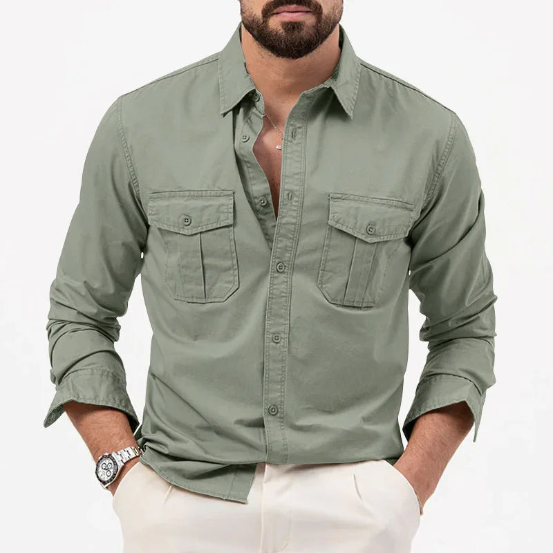 Spring Summer New European and American Men's Solid Color Shirt Multi-pocket Casual Long-sleeved Shirt