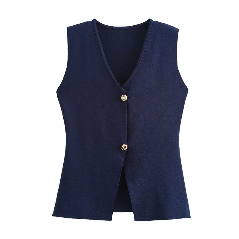 ZATRHMBM Women's 2024 Summer Fashion Gold Button Trim Knitted Vest Top Retro Sleeveless V-neck Elegant Casual Ladies Vest