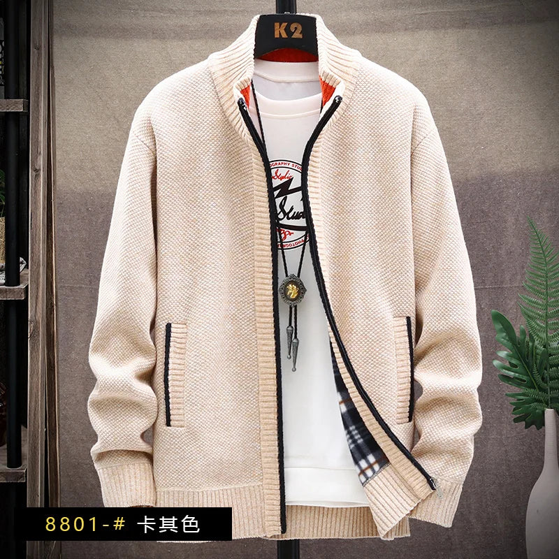 Autumn Winter Men's Sweaters Hooded Knit Cardigan Korean Sweaters Jacket Fleece Lined Hoodies Windbreaker Coat