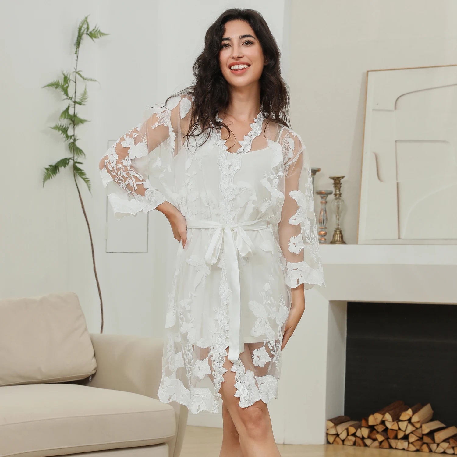 FUNG 8008 Bridal Prep Floral Satin Robe, Puff Sleeve Cooling Loungewear for Bridesmaids
