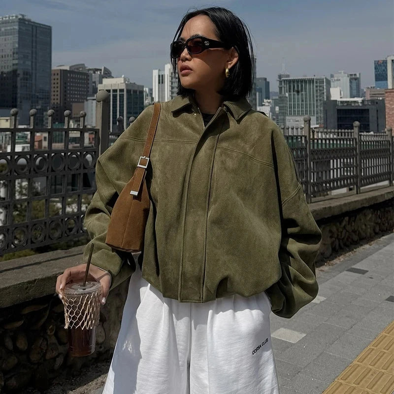 Women 2025 High Street Cropped Racing Jackets Coats Outerwears Lapel Long Sleeve Zipper Suede Jacket Women's Bomber Jacket