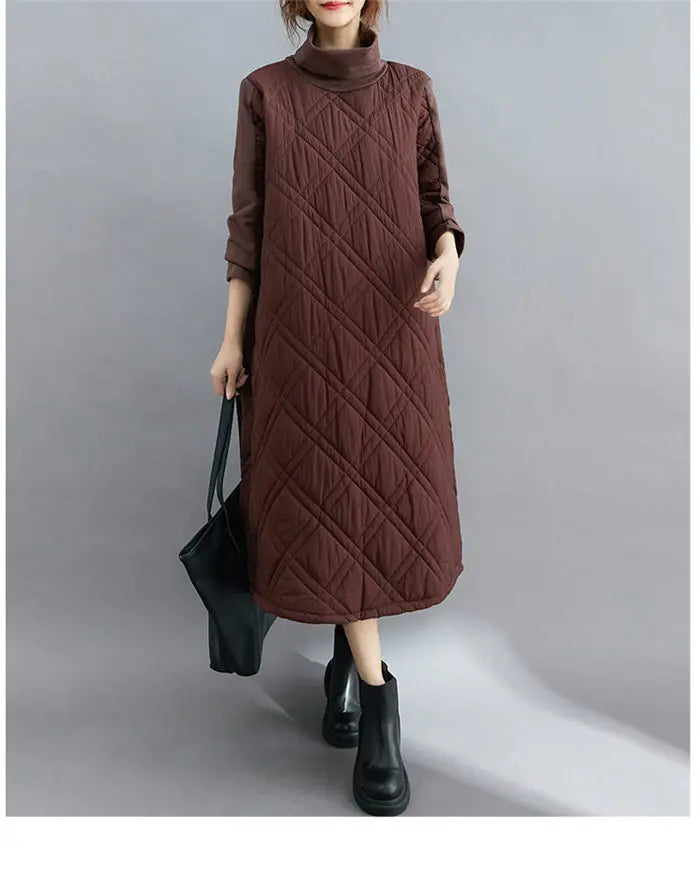 Retro Quilted Diamond Dress Thick Stitching Warm Autumn Winter Clothing New Women's High-Neck Casual Long Tunic y750
