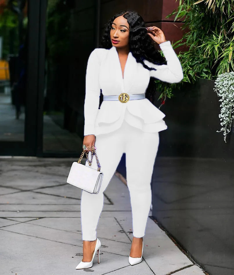 New 2025 Women Long Sleeve Solid Ruffles Design Top & Skinny Pencil Pant Sets Two Piece Set Women Outfits