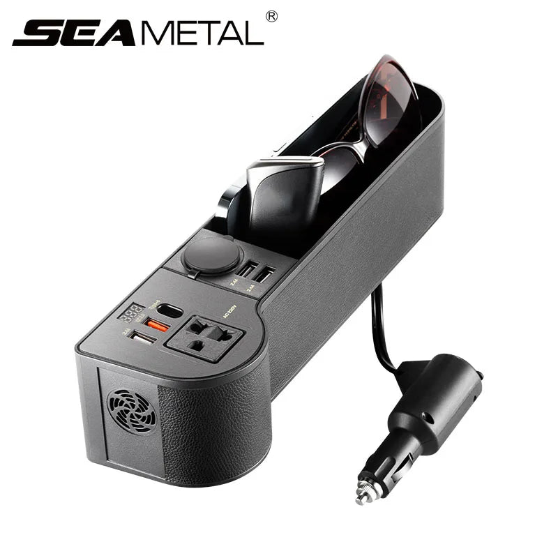 SEAMETAL Car Organizer with 12V/24V to 220V Inverter Seat Crevice Storage Box 4-USB Ports QC3.0 Fast Charging for Smartphone