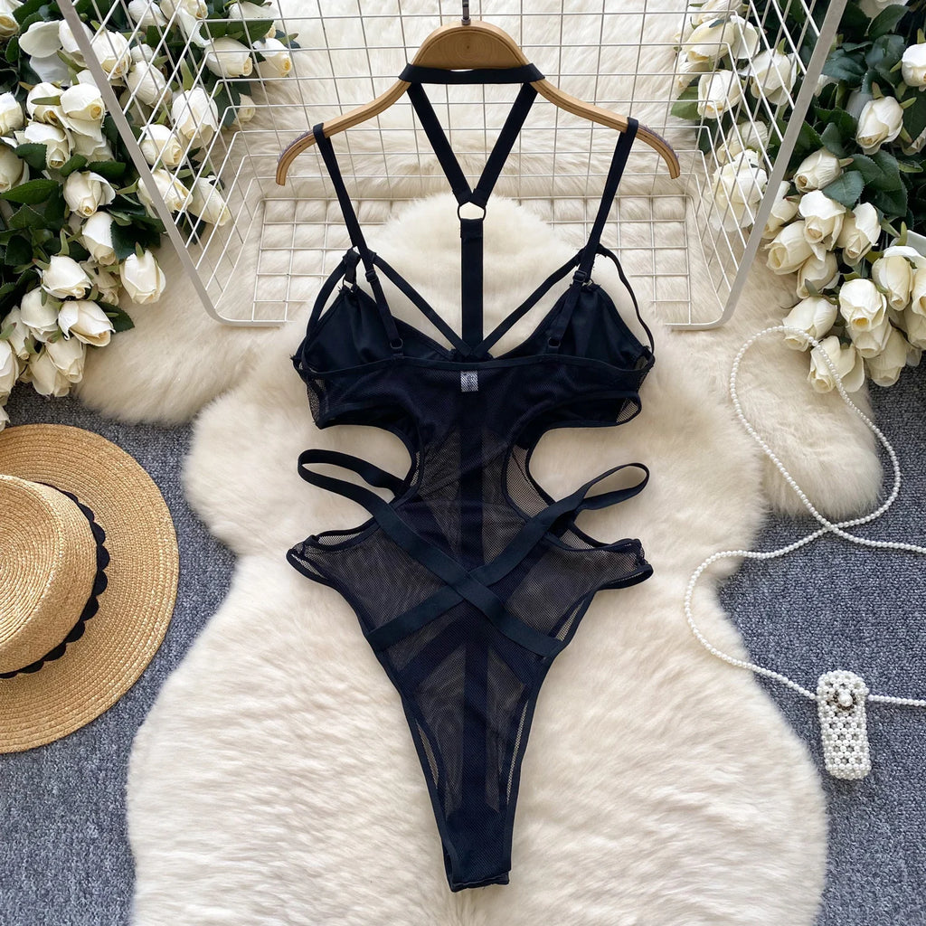 Summer Y2K V-neck Jumpsuit For Women Sleeveless High Waist Hollow Out Mesh Bodysuit Wholesale