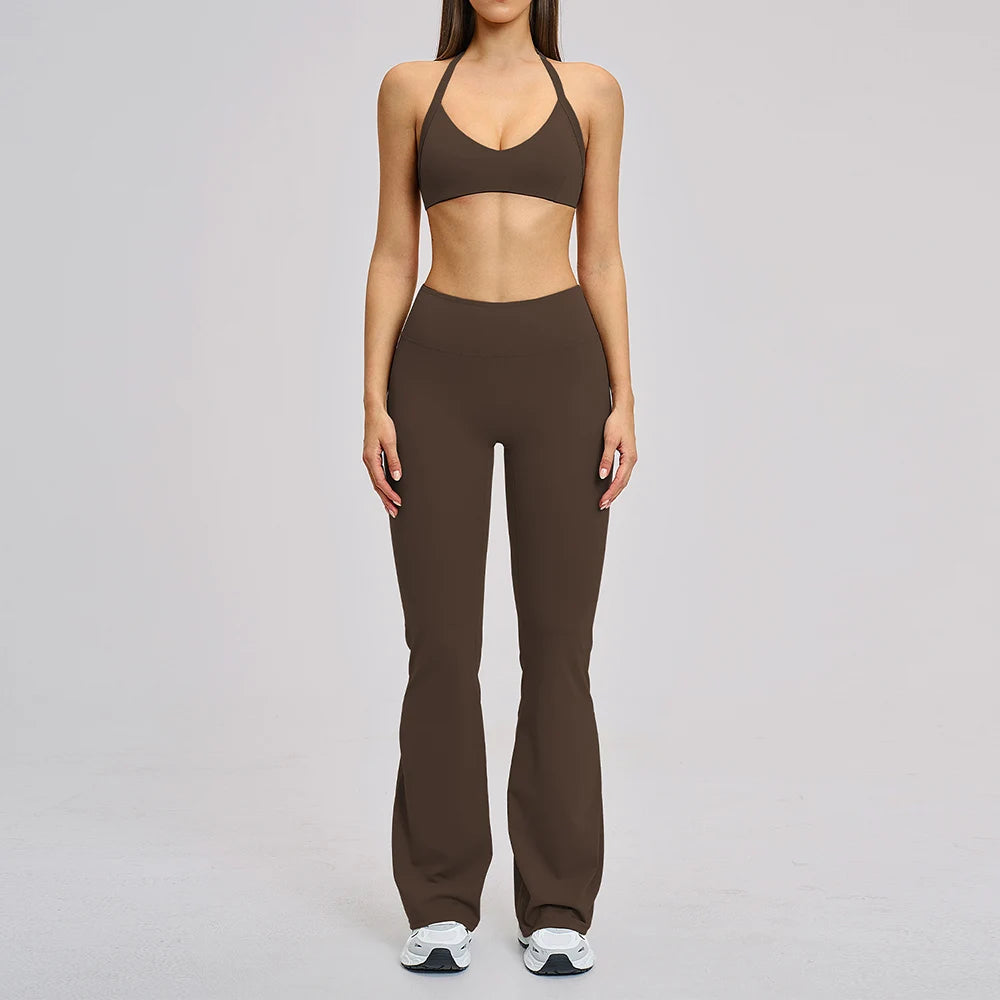 CIYING Wholesale Backless Yoga Halter Neck Sports Bra and Flare Leggings Set Custom Logo Brushed Gym Soft Breathable Yoga Set