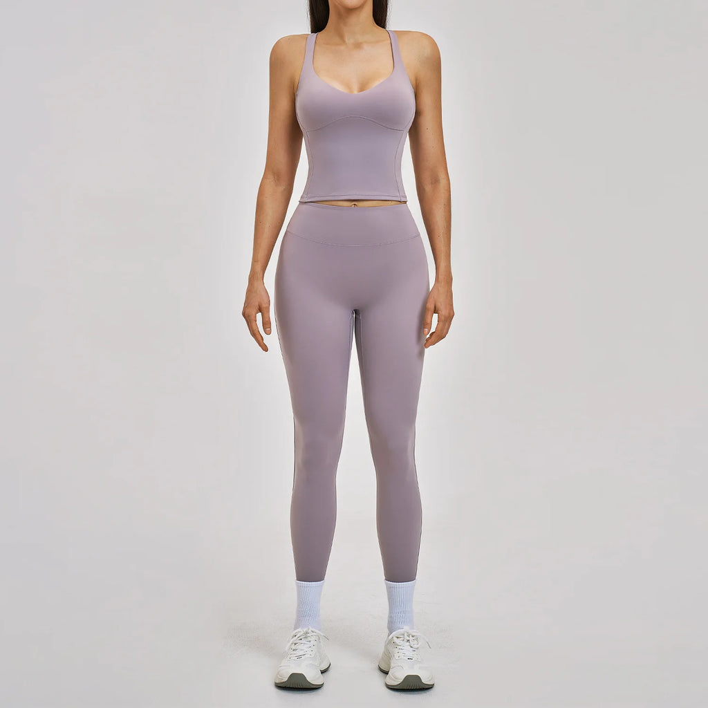 Women's Summer Athletic Wear Set Crisscross Back Fitness Tank Top and Leggings Workout Clothing Yoga Sets
