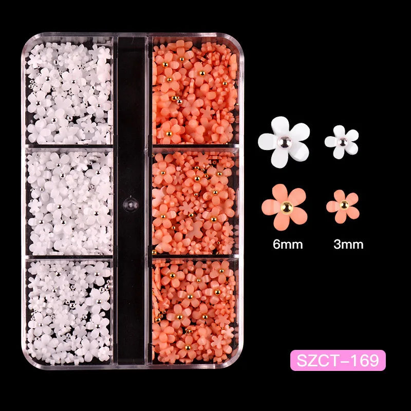 Nail Jewelry Wholesale Cute Three-dimensional Small Flowers 6-grid Plastic Box Mixed Resin Five-petal Flower Nail Accessories