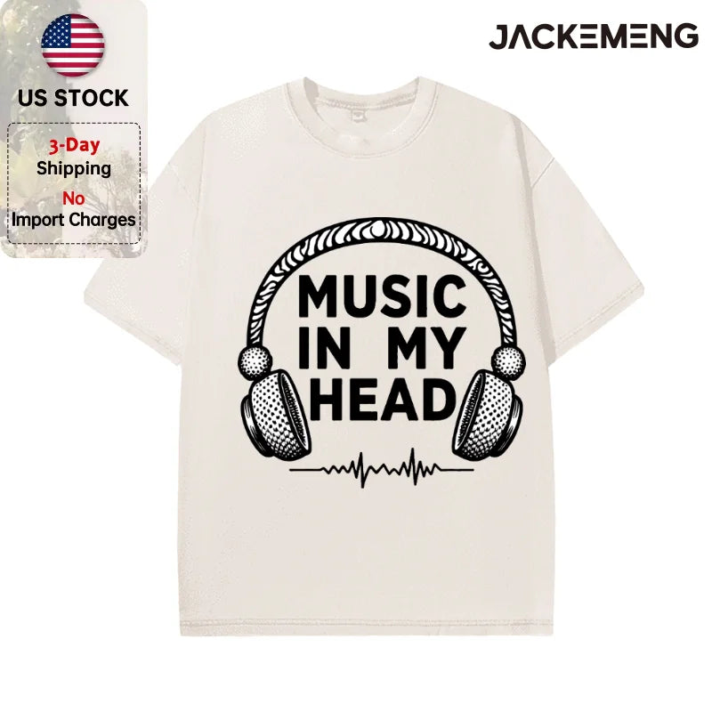 Oversized Washed Retro Music Headphone Streetwear Print Tshirt USA Stock Wholesale Y2K Casual Tee