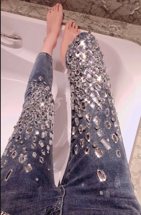 fashion Vintage Women Luxury Embroidered Flares Diamond Denim Jeans Women Beaded Skinny Pencil