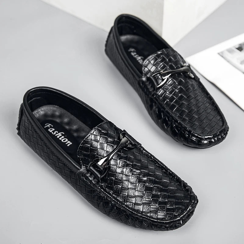 Men's Loafers Driving Shoes Gommino Penny Loafer Flats Woven Leather Moccasins Low-top Slip on Light Weight Spring Metal Casual