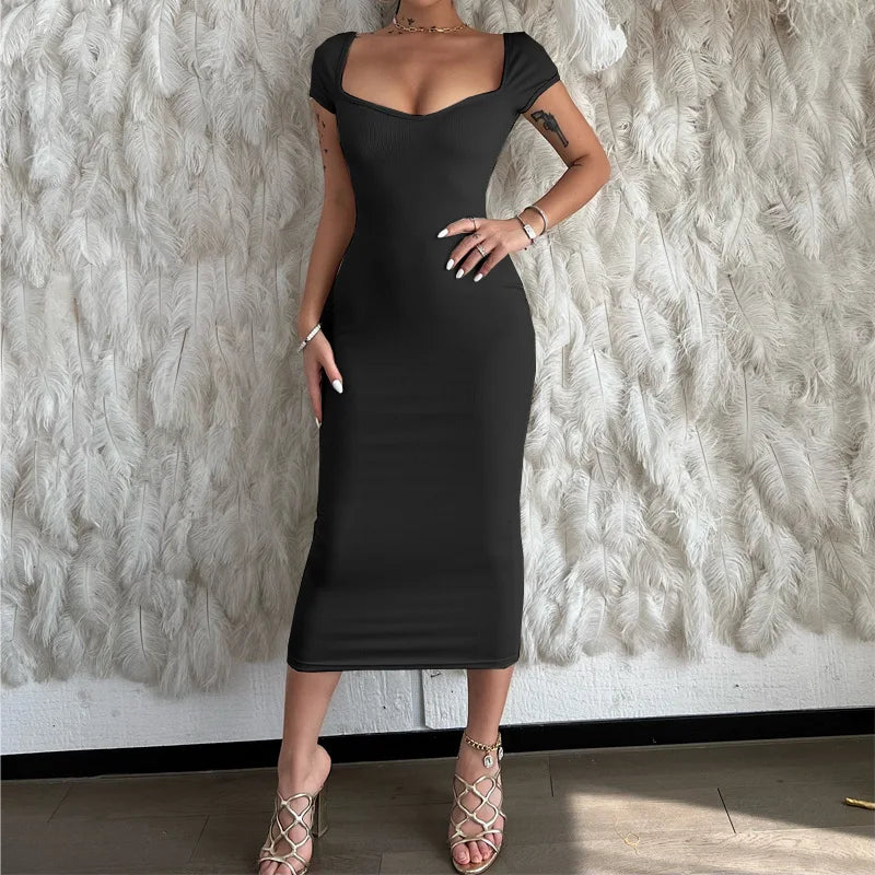 RNSHANGER Elegant Slim Rib Women Dress Casual Slash Neck Summer Long Dresses Sexy Solid Black Evening Clubwear Fashion Dresses