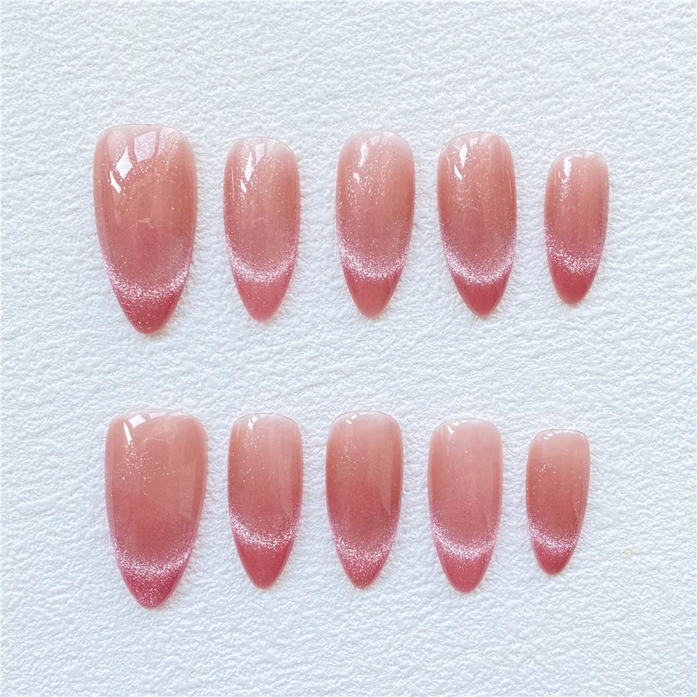 High Quality Bulk Cat Eye French Style pink Acrylic Gel Short Almond square Stiletto Handmade Wear Press on Nails