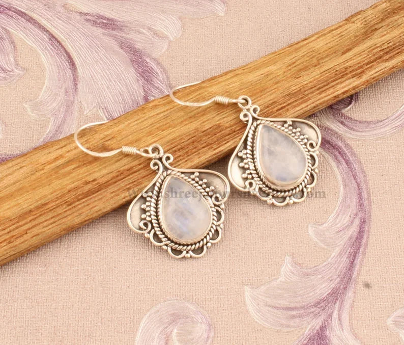 Rainbow Moonstone Solid 925 Sterling Silver Handmade Pear Stone Indian Earrings For Wedding Anniversary
