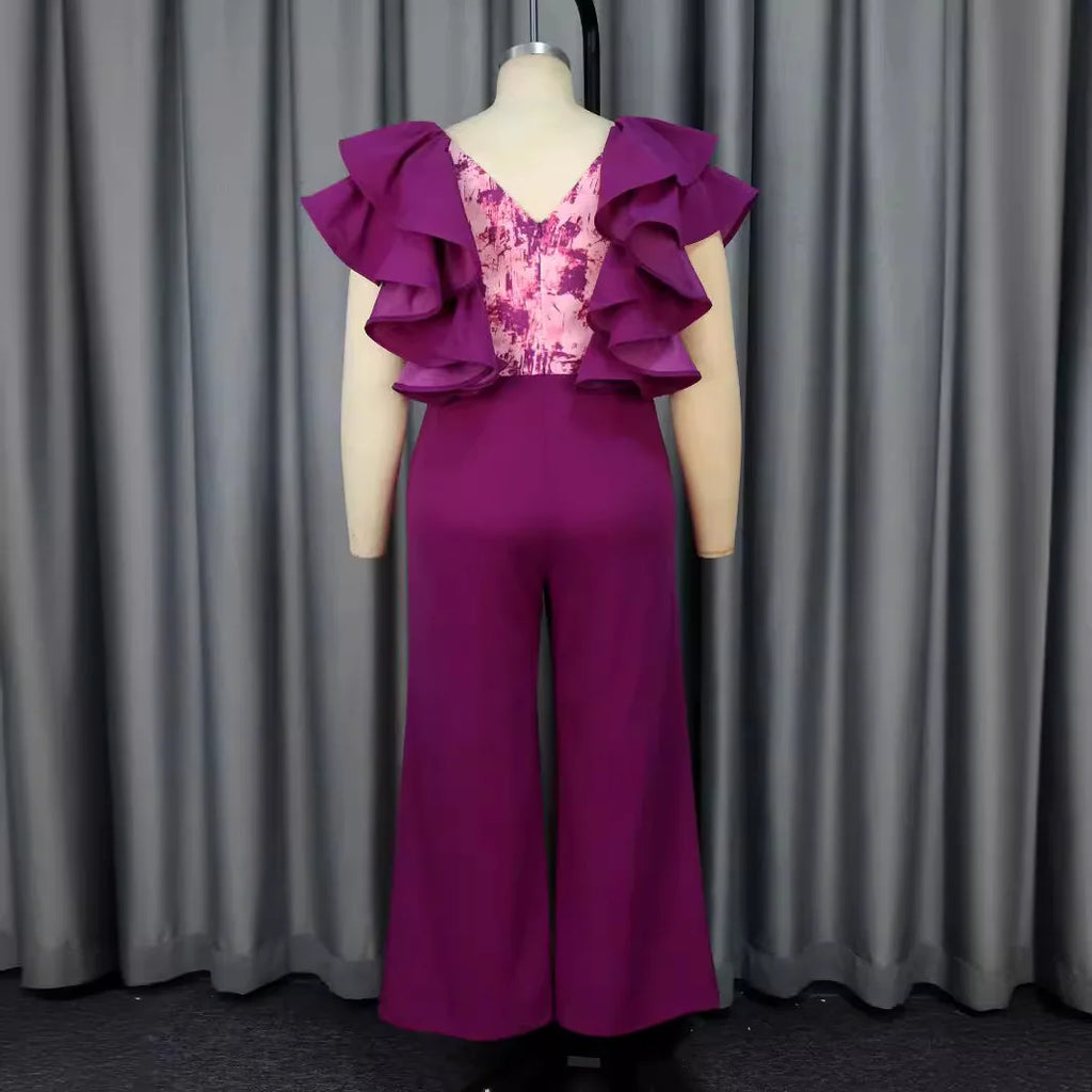 African Summer Low Cut Backless Jumpsuit Plus Size 4Xl Party Style Purple Wide Leg Pants Jumpsuit Body Suit