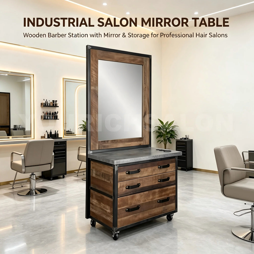 Vintage Wall Mounted Hair Salon Mirror Station Old Style Hair Salon Styling Stations Barber Styling Stations