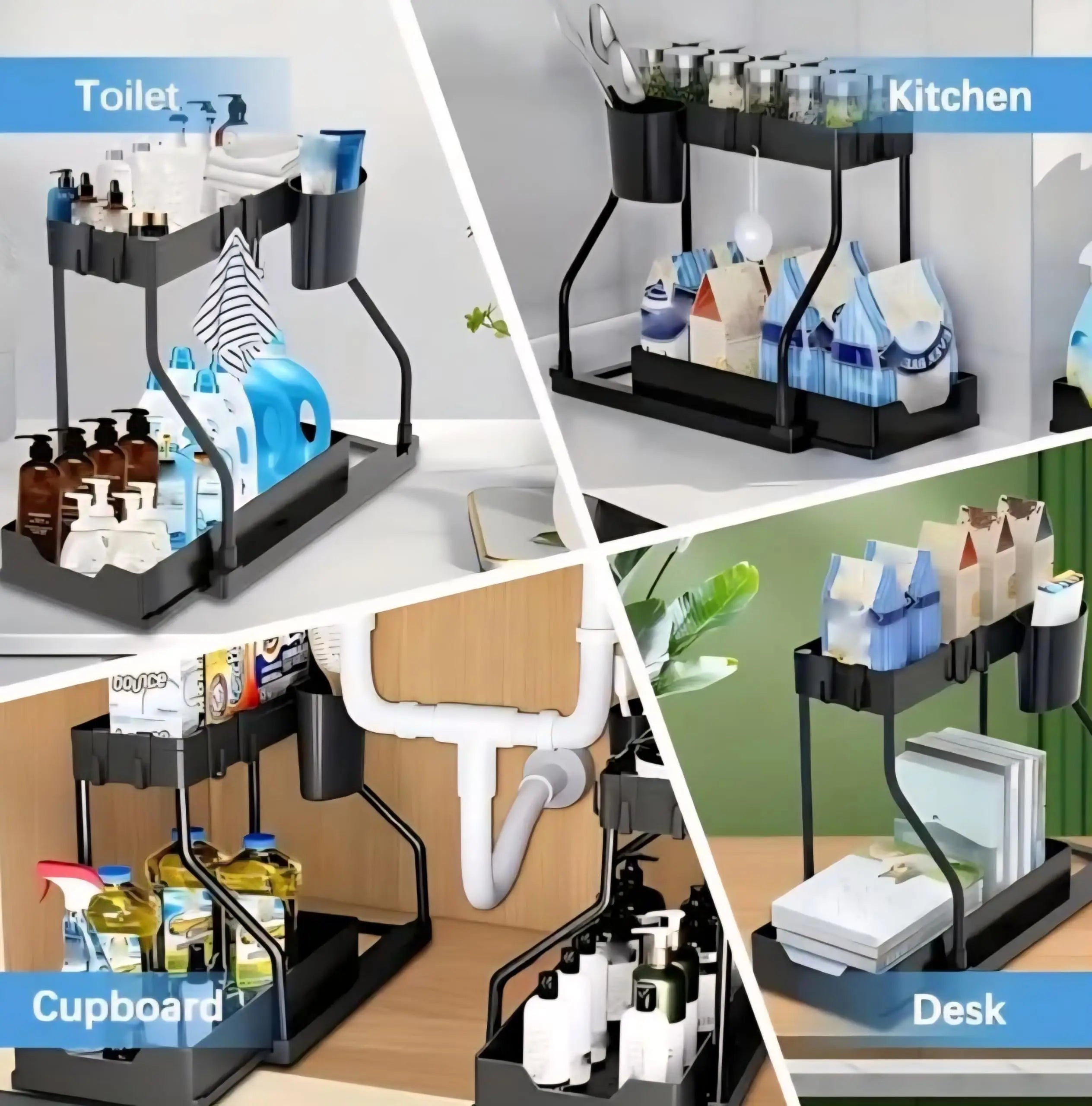 Hot Multi-functional 2 Tier Under Sink Kitchen Storage Organizer Countertop Rack Storage Containers Hooks Hanging Cup