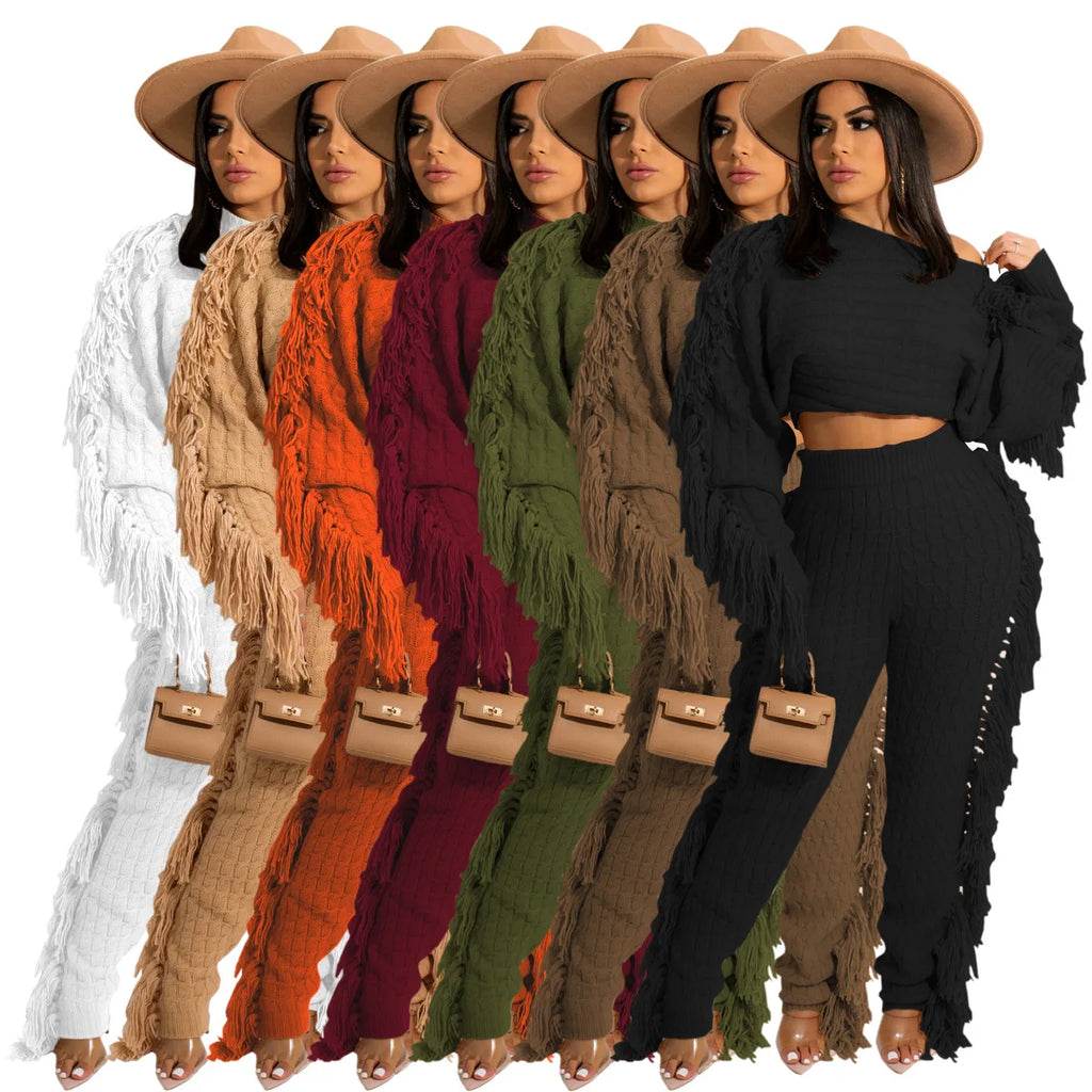 2025 Fall Winter Plus Size Women Clothing Long Sleeve Crop Top Two Piece Pants Set Drawstring Tassel Fringe Pants 2 Piece Set
