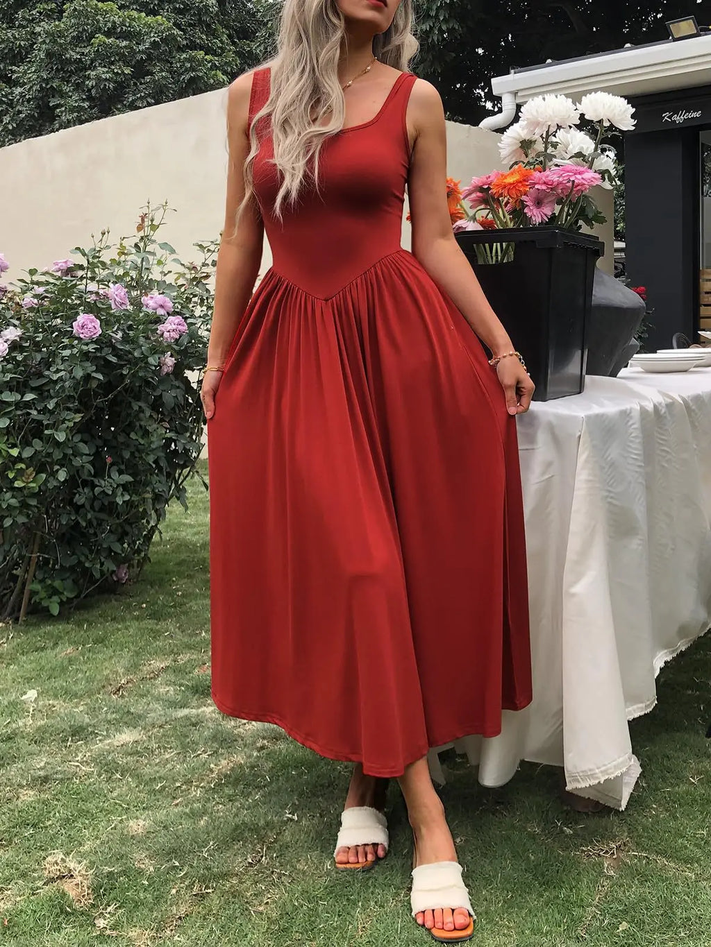 2025 Summer Women Tie Dye Midi Dress Square Neck Sleeveless Pleated Casual Beach Party Outfit