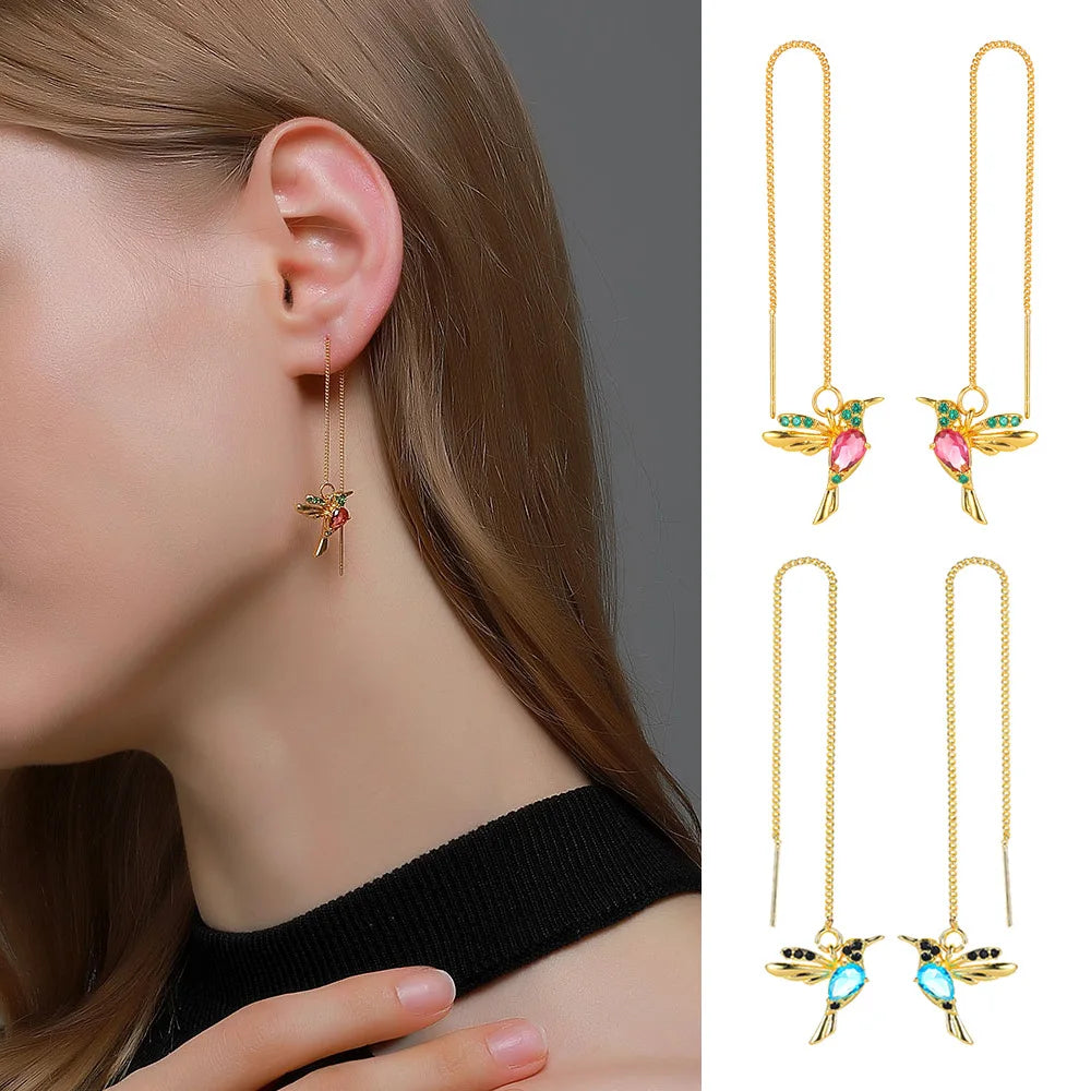 Fashion Jewelry Unique Little Bird Drop Earrings Hummingbird Tassel Crystal Pendant Earrings for Women Elegant Gift