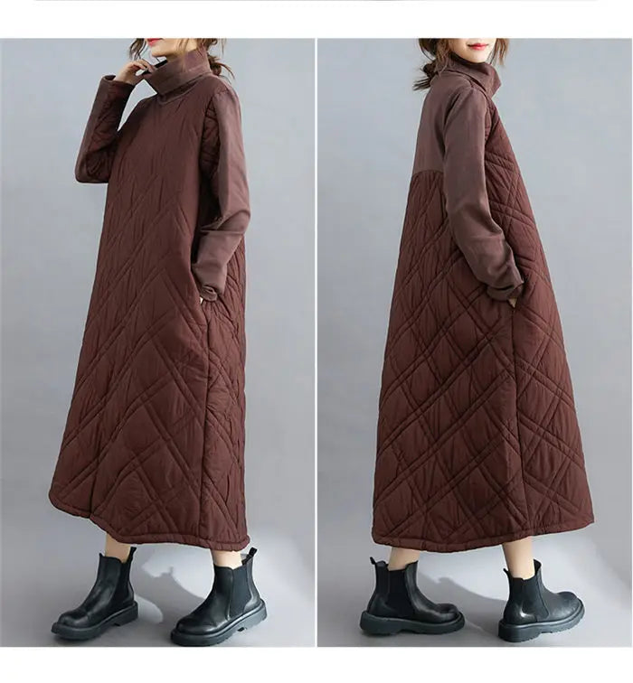 Retro Quilted Diamond Dress Thick Stitching Warm Autumn Winter Clothing New Women's High-Neck Casual Long Tunic y750