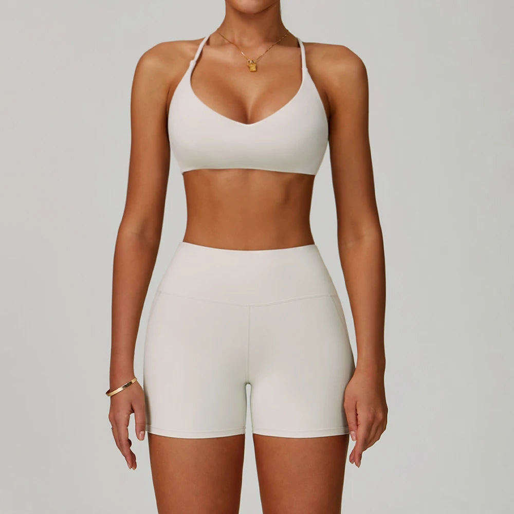 New Fashion Yoga Bra and Gym Leggings Shorts Set Custom logo Workout Flare Leggings Shorts Set for Women