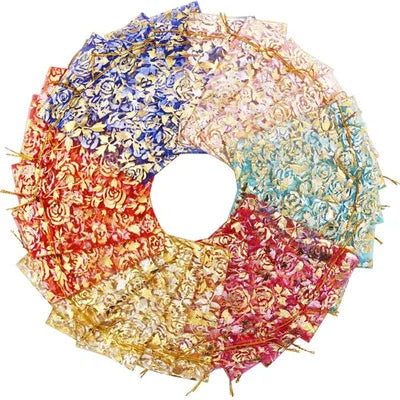 100pcs/lot 7x9 9x12 11x16 13x18cm Printing Roses Love Christmas Organza Bags Drawstring Gift Bag Charm Jewelry Packaging Bags