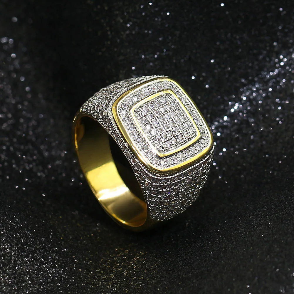 Round Square Shape Cubic Zircon Ring Brass Material Gold Silver Plated Iced Out Full CZ Hip Hop Rings Men's Fashion Jewelry