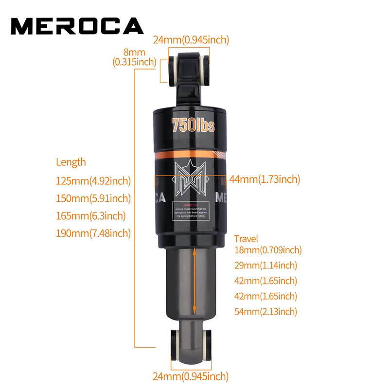 MEROCA MTB Mountain Bike Rear Shock Absorber 125/150/165/190mm 750/850/1000LBS Oil Spring Bicycle Shock Absorber Accessories
