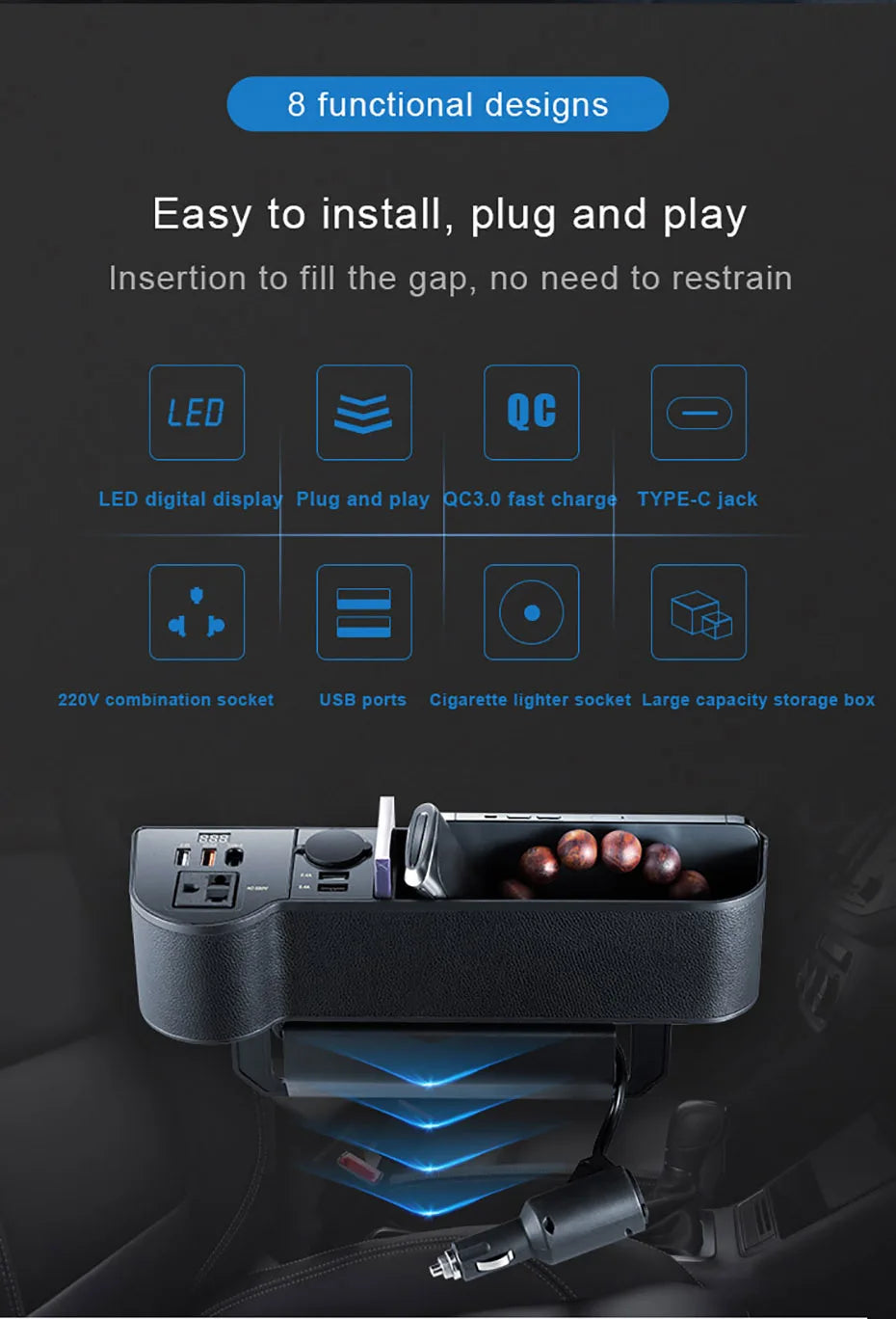 SEAMETAL Car Organizer with 12V/24V to 220V Inverter Seat Crevice Storage Box 4-USB Ports QC3.0 Fast Charging for Smartphone