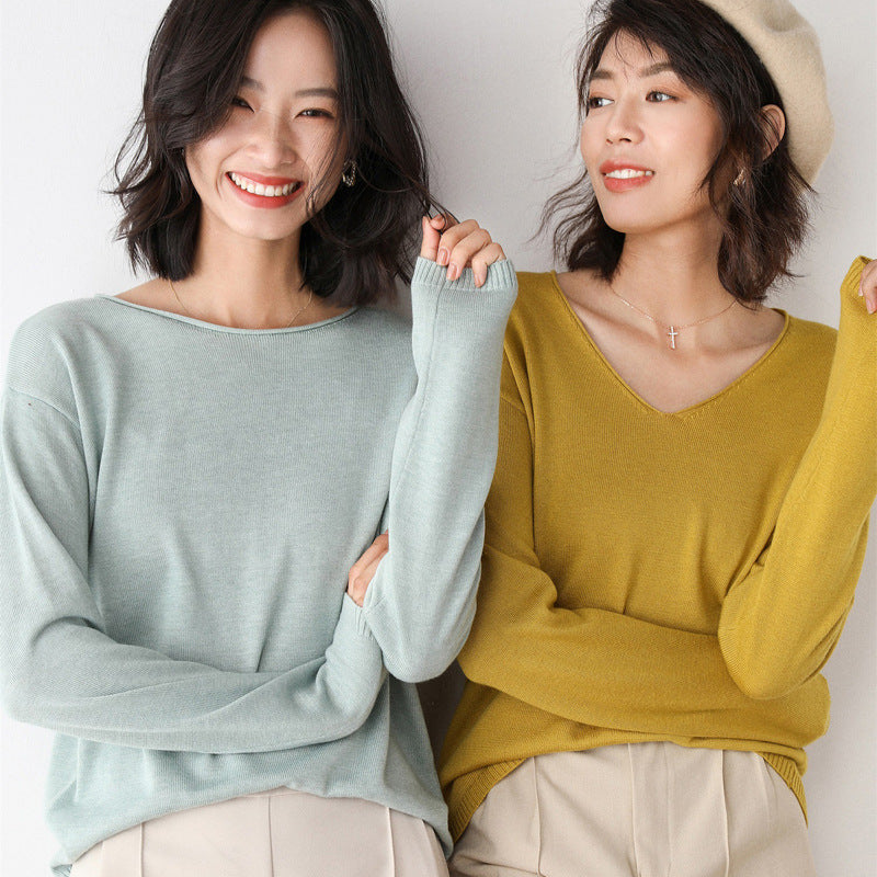 2025 Spring Autumn Womens Sweater Solid Knitwear Korean Loose Female Basic Casual Jumpers Stretch Pullover Sky Blue Pink Sweater