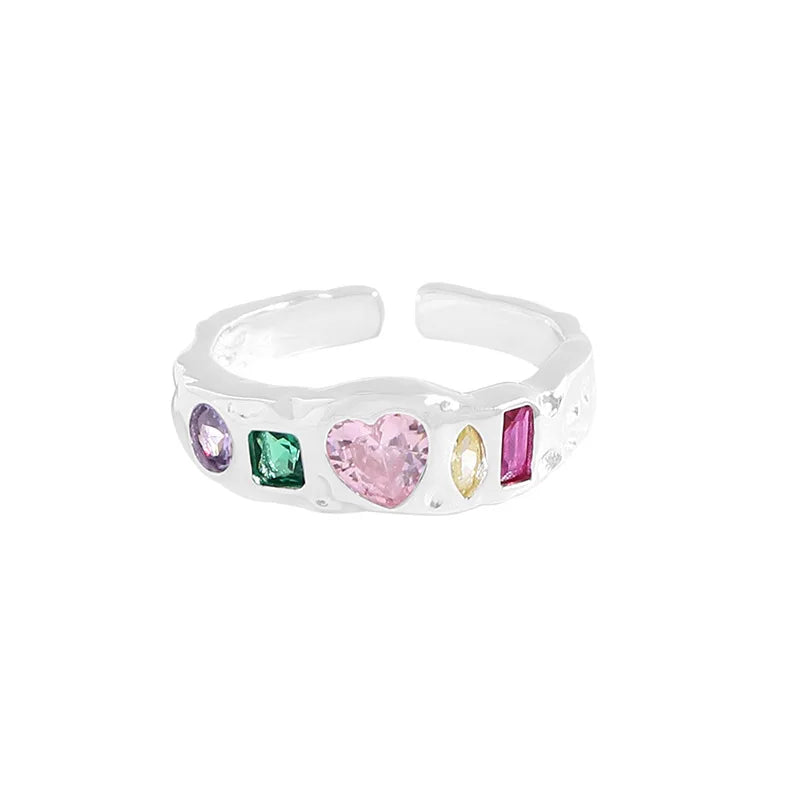 Fashion Wild Geometric Different Shape Colorful Zircon Paved Wedding 925 Sterling Silver Open Finger Rings
