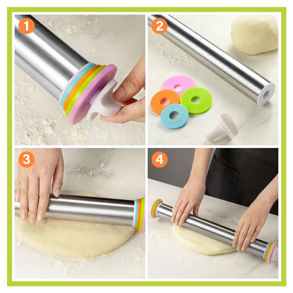 17 Inch Adjustable Thickness Rings 430 Stainless Steel Rolling Pin Baking Dough Pizza Pies Pastries Pasta Cookies Rolling Pins