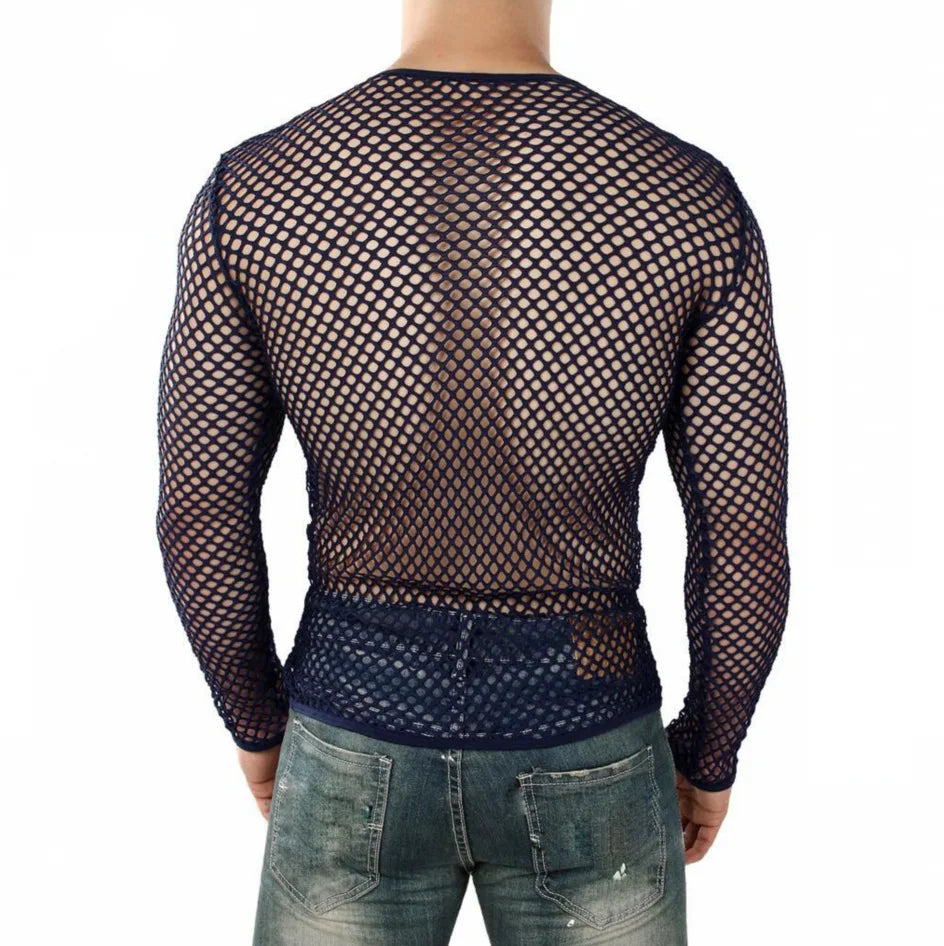 Mens Transparent Sexy Mesh T Shirt New See Through  Fishnet Long Sleeve Muscle Undershirts Nightclub Party Perform Top Tees