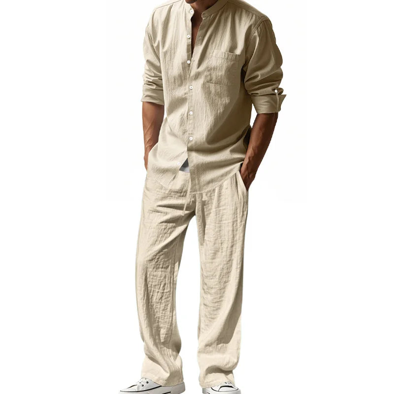 New Mens Suit Linen Casual Loose Breathable Long Sleeves Shirt and Trousers Two-Piece Set Beach Suit