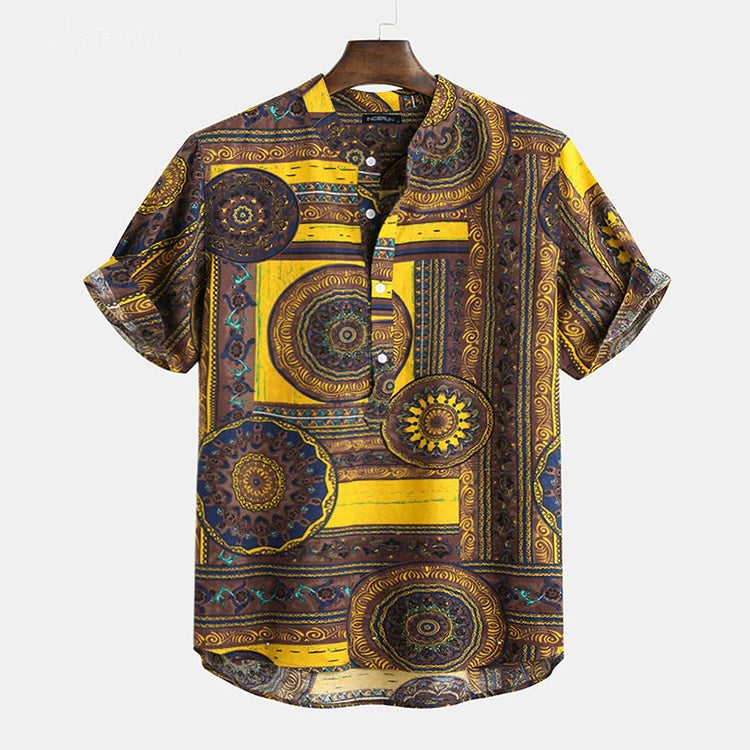 New Cotton Mens Shirt Ethnic Print Vintage Short Sleeve Streetwear Tops Tess Loose Male Beachwear Holiday Hawaiian Shirts