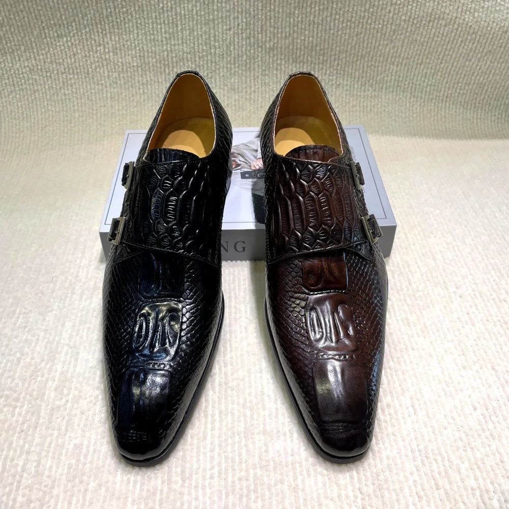 2025 New Style New Design Men's Genuine Leather Monk Shoes Double Buckle Printing Suitable for Business Office Formal Shoes