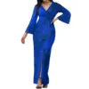 Hot Selling Flower Polynesian Tribal Bell Sleeve V Neck Long Maxi Slit Dress Custom Plus Size Womens Dresses Island Style Dress