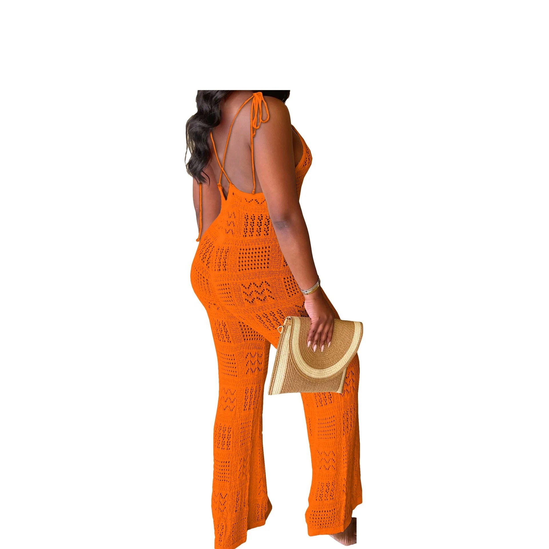 European and American Fashion Women's Solid Color Wool Knitted Sexy Tie Suspender Geometric Hollow-out Romper